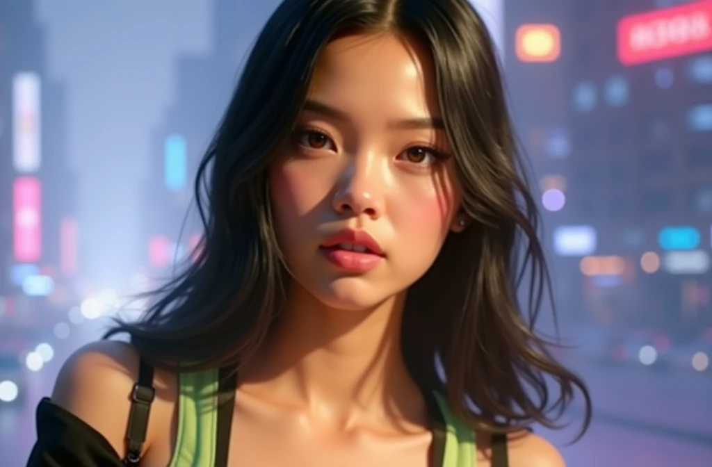 Maximum image quality, outstanding details, ultra high resolution, (Realism: 1.4), the best illustration, favor details, 1 very condensed girl, with a delicate and beautiful face, dressed in a black and green wick, wearing a mecha helmet, with black hair and a mole next to her mouth, holding a directional controller, ride a motorcycle, the background is a high-tech lighting scene of the city of the future.
