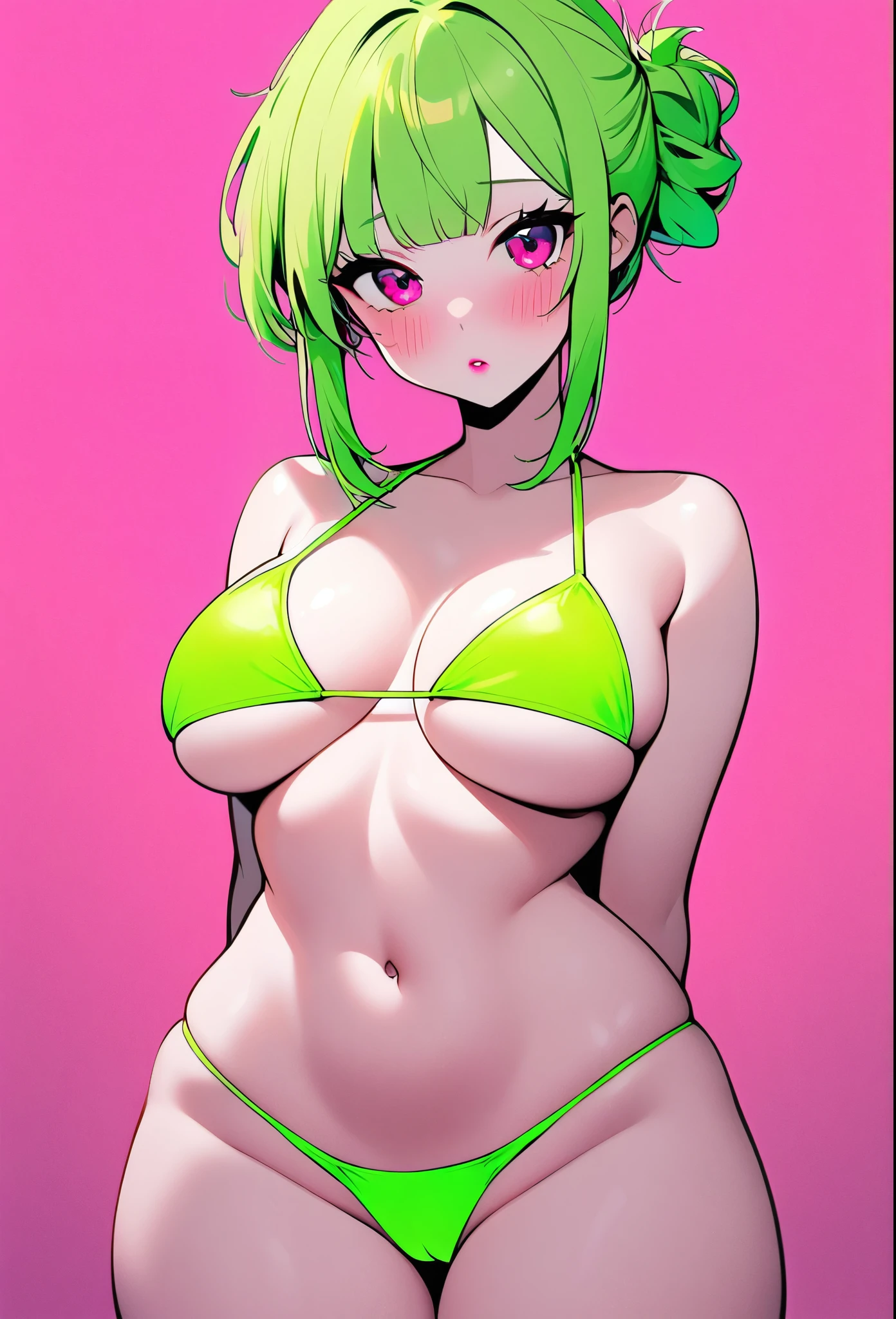 ulzzang, neon pink lipstick, big tits, thick thighs, thin waist, sexy, lime green micro bikini, ((underboob)), (messy neon green hair), pink eyes, minimalist, lonely, cleavage, monochromatic neon green color palette, soft lighting, ((submissive)), blushing, ((neon pink background)), ((looking at viewer)), arms behind back,