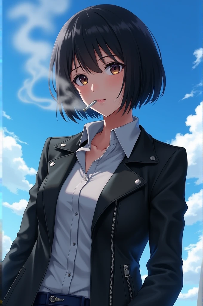 anime adult woman with short black hair wearing a leather jacket and smoking a cigarette with a blue sky as a background