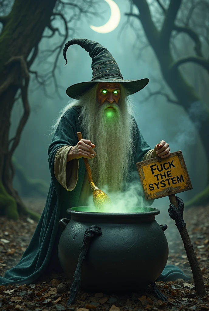 Old wizard with long hair, white, eyes glowing green, long hat, stirring a large cauldron, from the cauldron place two black arms coming out holding a sign with the phrase fuck the system