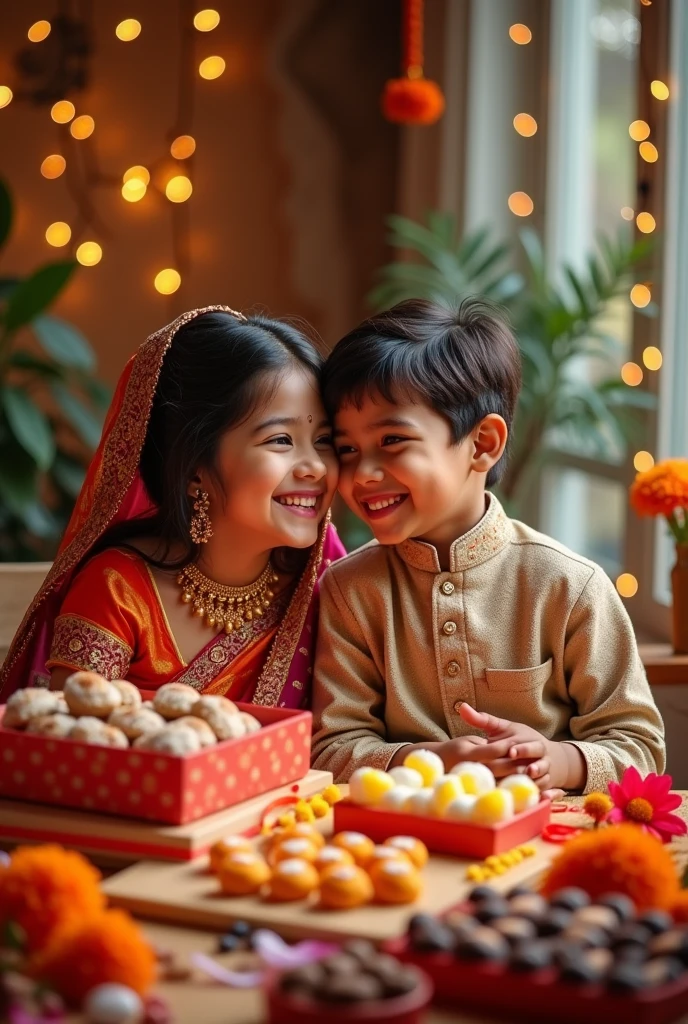 Rakshabandhan brother sister celebration poster image with sweets and others choklet 