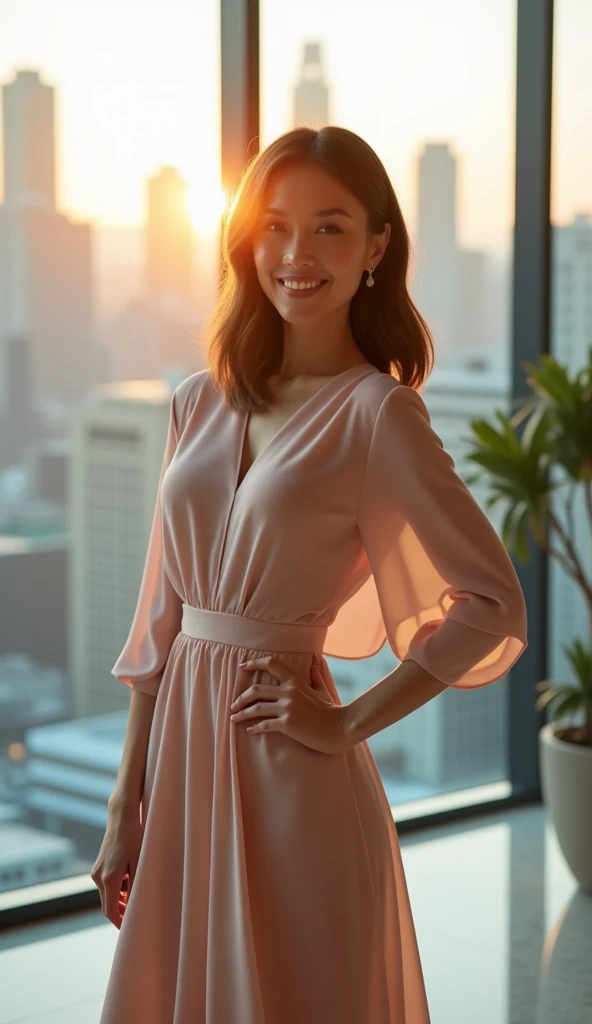 an executive woman, wearing soft dress