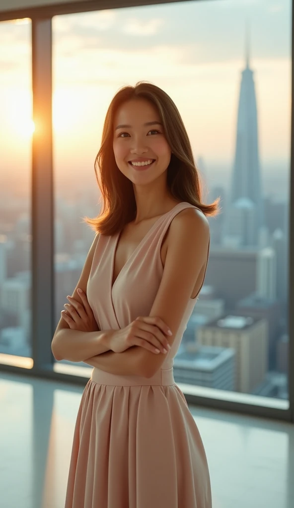 an executive woman, wearing soft dress