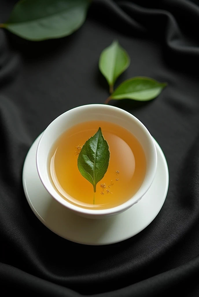 The camera looks down from directly above, focusing on a white porcelain teacup containing a single bud and two leaves of Chinese mountain tea.,((Right beneath the surface, You can see the refreshing and pure one-heart, two-leaf Chinese high mountain tea brewed in it after drying.)),simple,Movie Lighting,专业photography,Studio Lighting,Black desktop background,photography,Intricate details,Ultra Detail,Hyper-photorealism,8K Ultra HD top view,Top view, bird's eye view