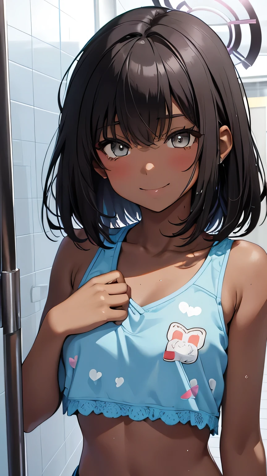 Highest quality、Realistic、、zoom、Primary school students、cute、Light grey eyes、Black Hair、short hair、Tanned brown skin、Dark Skin、Light blue bra with small character print、Light blue panty with small character print、A seductive smile、Flat Chest、。low length、Bust Shot、shower room、