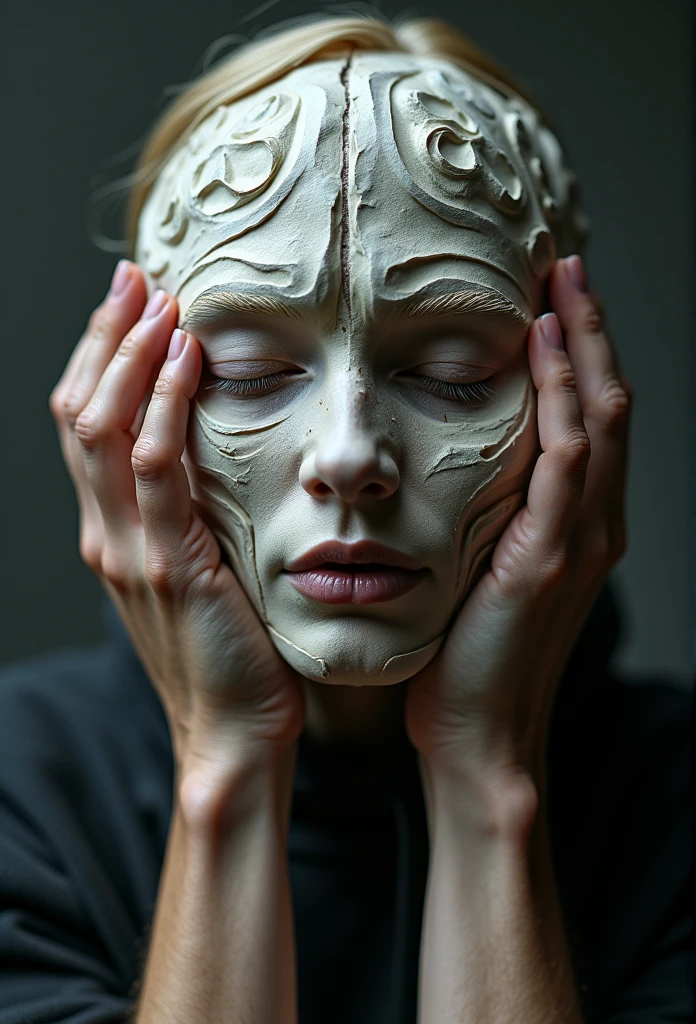 Holding head with both hands, Wrinkled face made of paper, Exposed cerebral miso,face with closed eyes,Abstract portrait close-up,surreal dark art,4K,face detailed