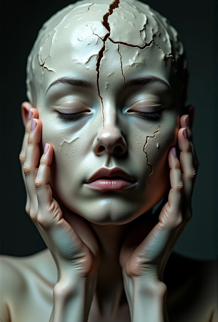 Holding head with both hands, Wrinkled face made of paper, Exposed cerebral miso,face with closed eyes,Abstract portrait close-up,surreal dark art,4K,face detailed
