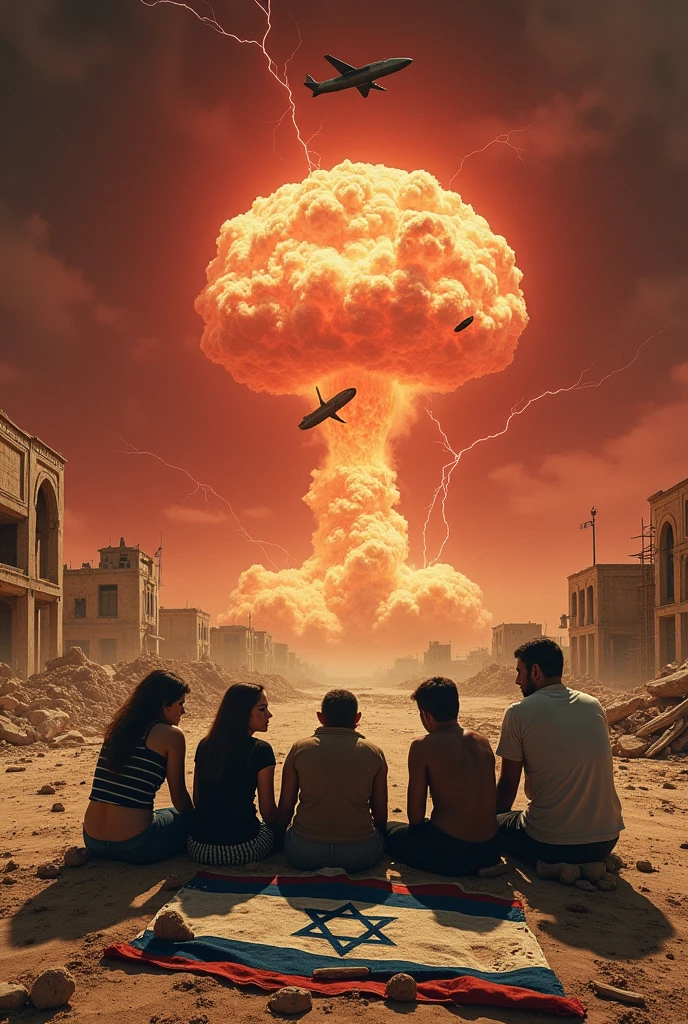 A massive missile rain falls amidst sand and rubble from destroyed buildings. Five enormous mushroom clouds from atomic bombs rise, accompanied by large lightning strikes in the red sky. A tattered Israeli flag lies ripped on the ground. Five Israeli citizens, two women and three men, sit weeping on the ground near a carpet depicting the Israeli flag. The remains of buildings are flattened and dust is thrown into the air. A bomb-carrying aircraft flies overhead. 