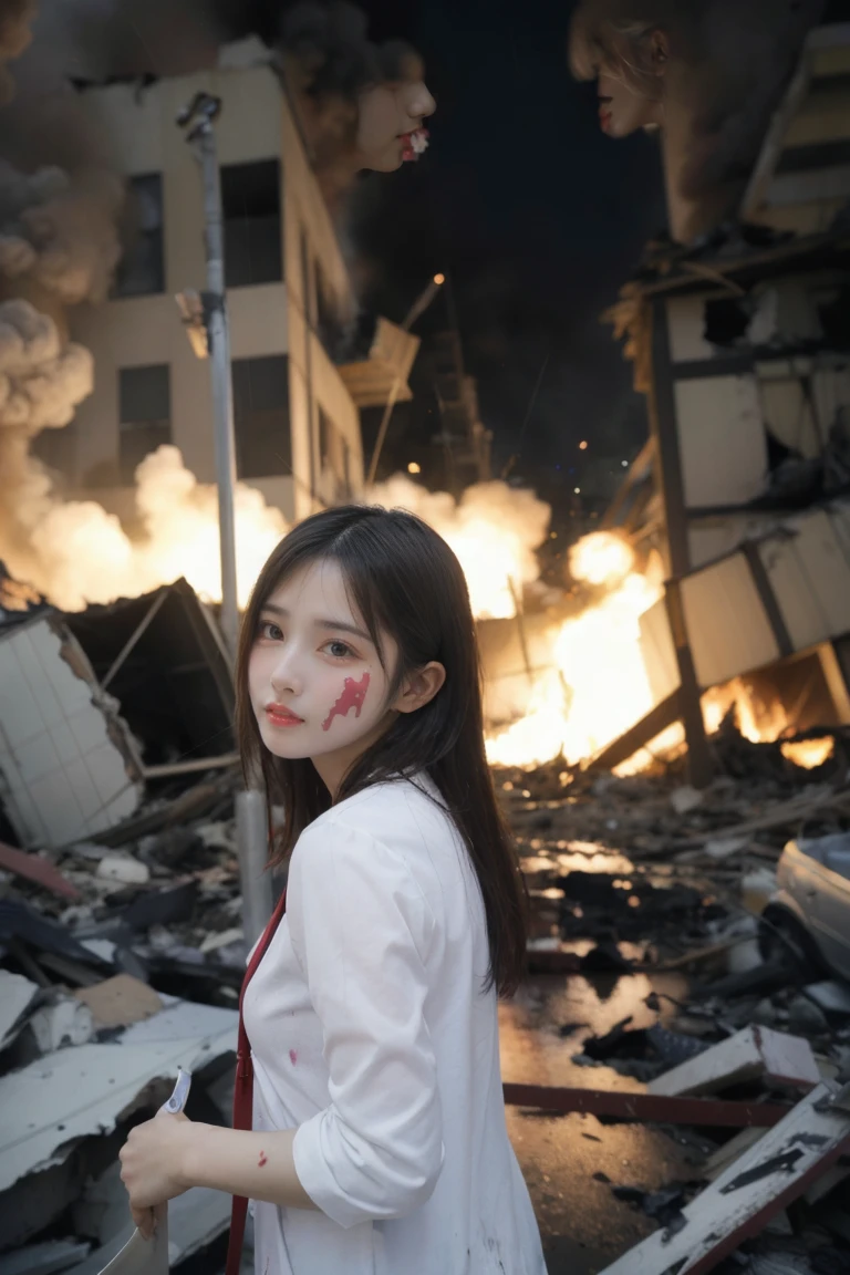 A woman is bleeding amidst burning rubble, the explosion in Tokyo, rain, detailed photos, real