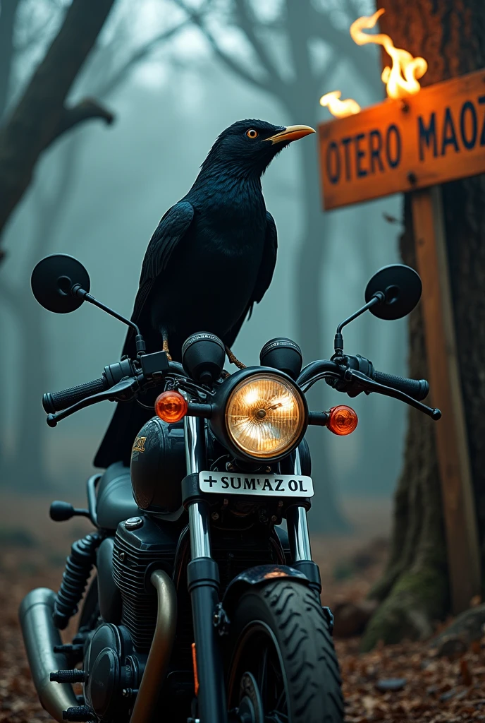 Northern Mockingbird, black color, riding a Yamaha FZ motorcycle, with a terrifying forest landscape, on a tree a sign in flames with the name: Otero Maoz. 