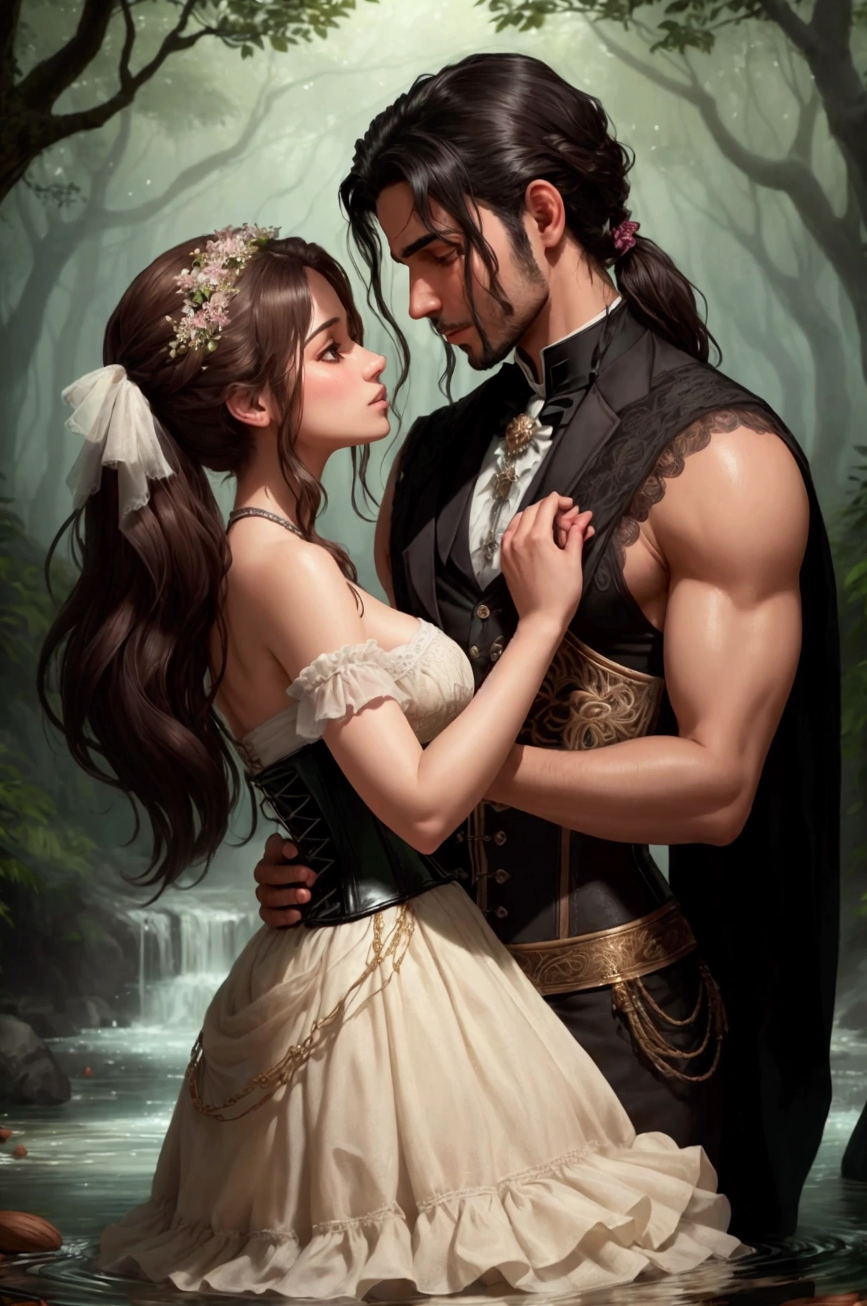 Create an enchanted realistic image with a surrealist touch from 19th century Brazil. Depict a passionate couple near a crystal-clear stream. The man has disheveled black hair and Arabic descent, and is unfastening the woman’s corset, who has almond-shaped brown eyes and brown hair tied in a ponytail, wearing a 19th-century dress. The scene should appear magical and mysterious, with trees and flowers looking like mystical creatures protecting the couple. The image should convey an intense feeling of surrender and passion.