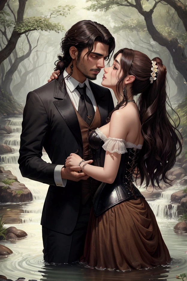 Create an enchanted realistic image with a surrealist touch from 19th century Brazil. Depict a passionate couple near a crystal-clear stream. The man has disheveled black hair and Arabic descent, and is unfastening the woman’s corset, who has almond-shaped brown eyes and brown hair tied in a ponytail, wearing a 19th-century dress. The scene should appear magical and mysterious, with trees and flowers looking like mystical creatures protecting the couple. The image should convey an intense feeling of surrender and passion.