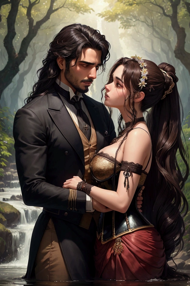 Create an enchanted realistic image with a surrealist touch from 19th century Brazil. Depict a passionate couple near a crystal-clear stream. The man has disheveled black hair and Arabic descent, and is unfastening the woman’s corset, who has almond-shaped brown eyes and brown hair tied in a ponytail, wearing a 19th-century dress. The scene should appear magical and mysterious, with trees and flowers looking like mystical creatures protecting the couple. The image should convey an intense feeling of surrender and passion.
