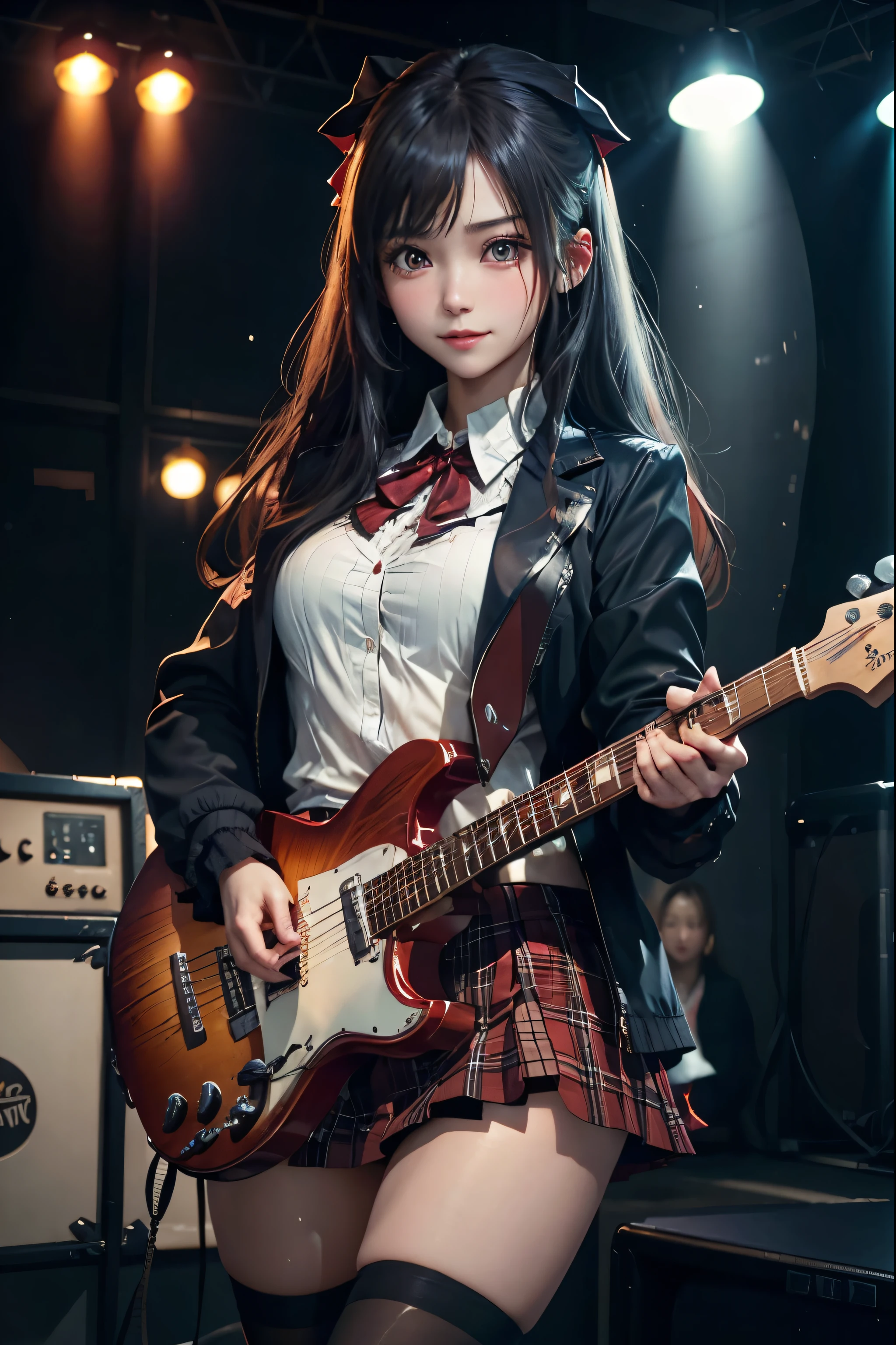 High school girl blazer、uniform、Red checked knee-length skirt、Long skirt、JK Style、Jacket、smile、Knee-high socks、Thigh-high socks、pantyhose、Extremely beautiful、Super cute、ennui、Rare Beauty、Dark black eyeshadow、sad、Skin radiance、Long Hair Straight Hair、Dark Gothic Makeup、Dark Smile、Fragrant beauty、Stained glass background、masterpiece、Highest quality、See 5 books、Sweat glistening on my chest、Sweat glistening on the face、Small breasts、22 years old、Slightly slim、Mysterious look、Sad look、Mysterious Gothic Church、enchanting castle、Excessive sweating all over the body、Sweat dripping down thighs, shining in the light、Shiny thighs、Thighs、Sweat on thighs, shining brightly、sweat profusely、gal、Small breasts、Japanese face、Captivating look、Thin Thighs、play the guitar、I have a guitar、Enthusiastic singing、play the guitar in a band、Playing guitar chords、Background of the live music venue、Sing a song、Open your mouth、Scenery of a live music venue、Mike stand、Glamorous live stage、Dynamic Angles、Vivid straight long hair、delicate straight hair、