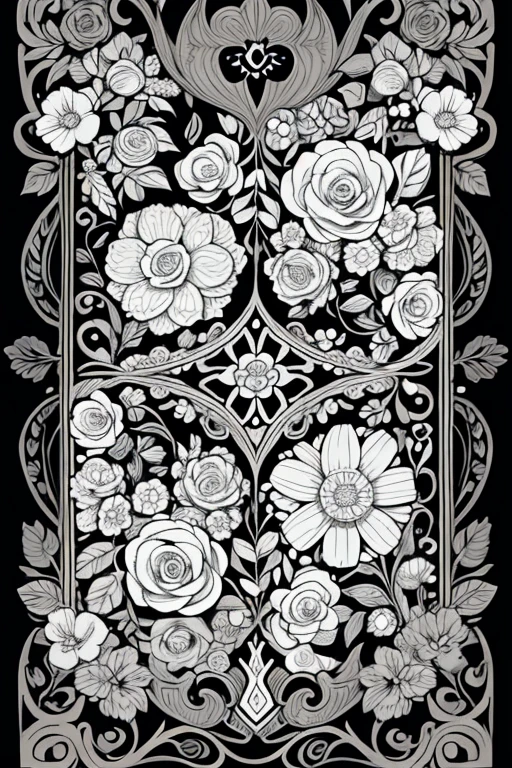 Coloring book for children, cartoon style, low detail, no shadows, black and white image, flowers, plant patterns, ornament. roses, Khokhloma pattern. floral patterns, openwork