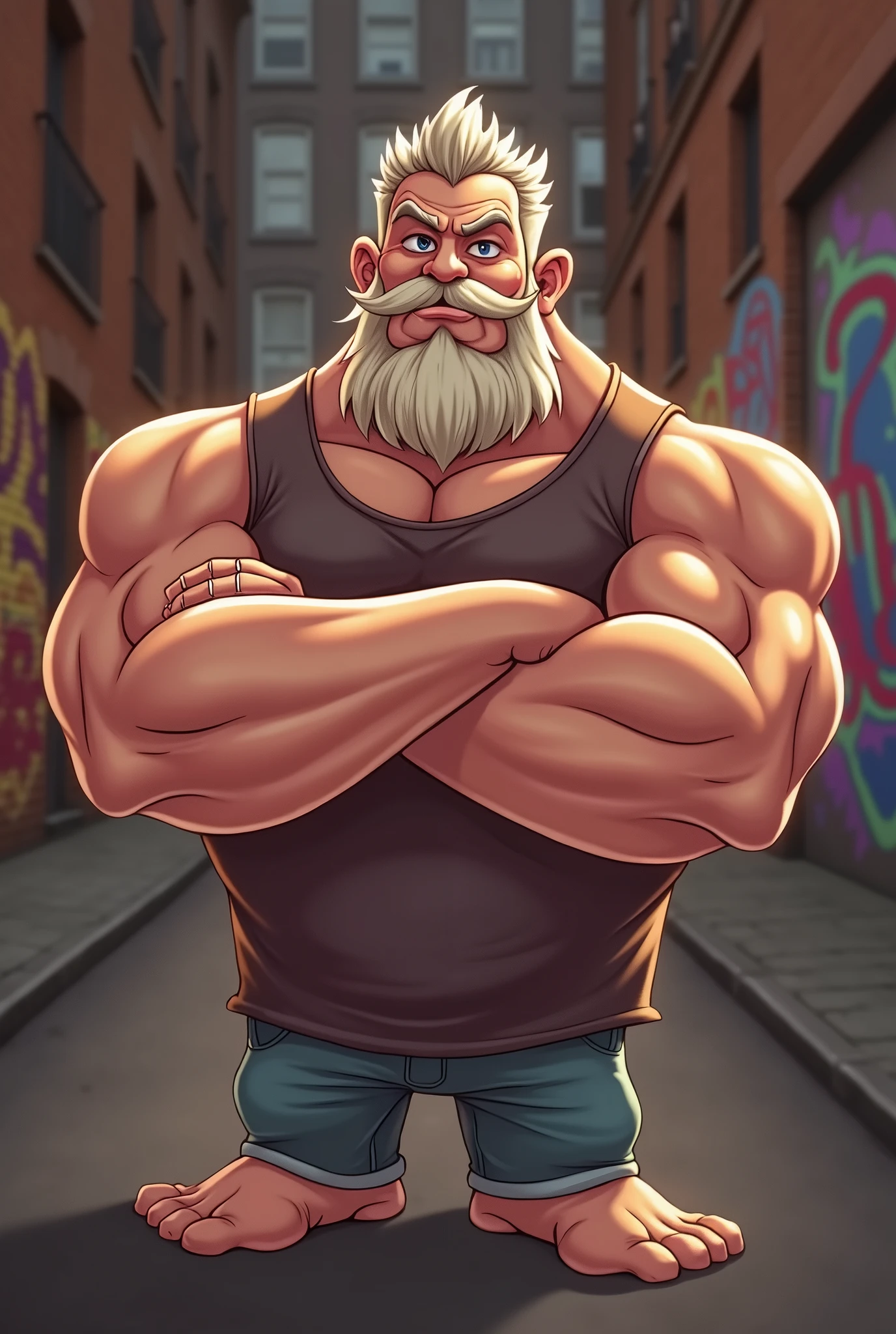 A man with a very fat and very muscular physique with a large mustache and beard