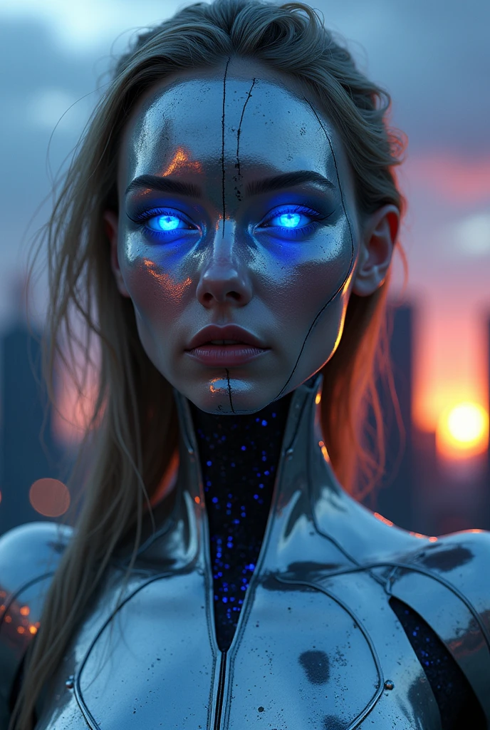 Create a realistic female face that is clad in metal skin