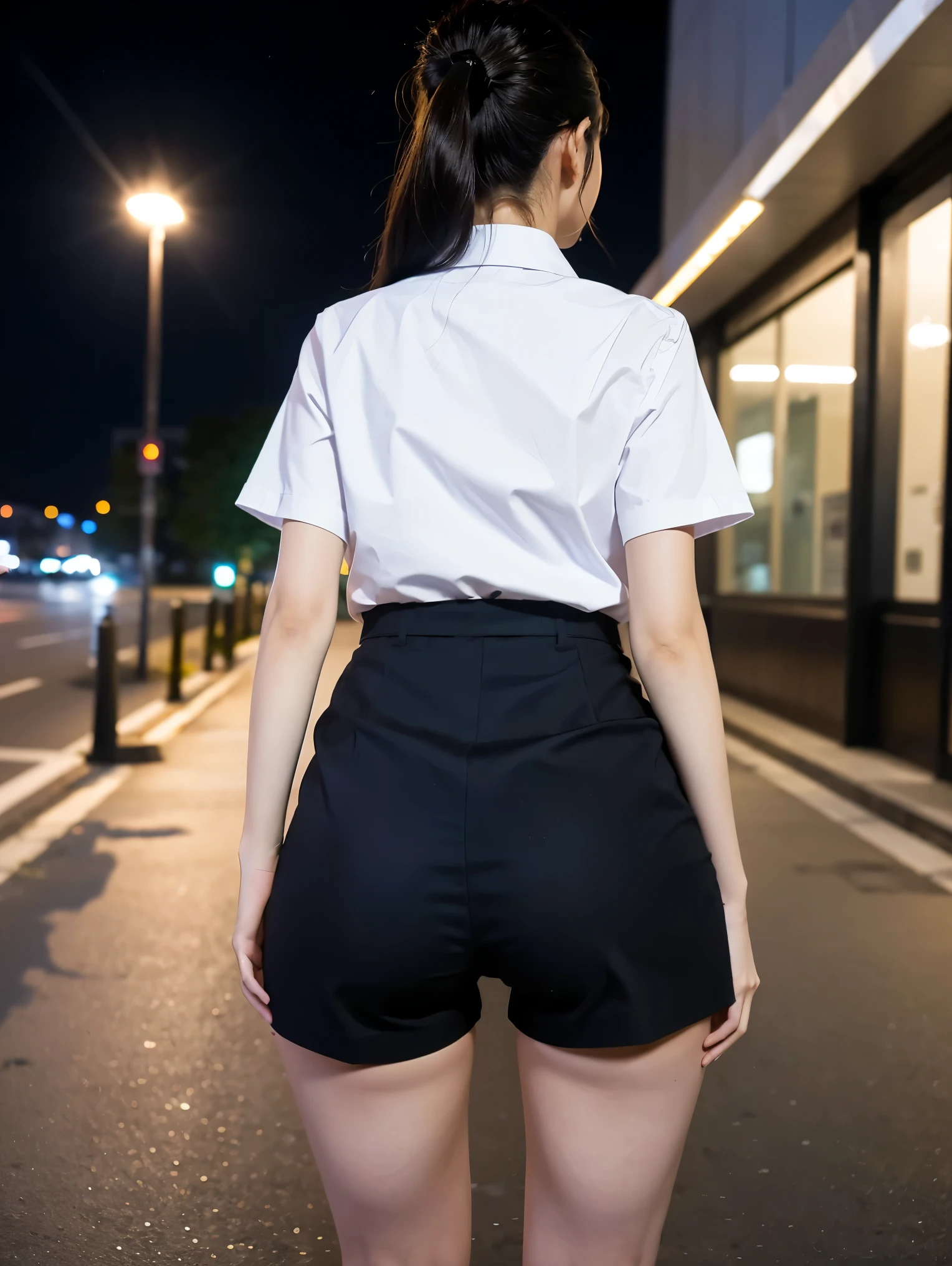 8K), (highest quality: 1.2), (realistic), (realistic: 1.37), ultra high resolution, (3 girls),(straight black hair), Giant Dulcefo, self snap,(school uniform),(White hot pants),Standing in the city at night, whole body,long legs,beautiful feet,From the back,(Super small ass:1.3),ponytail,The lower part of her buttocks is slightly exposed from her hot pants.,back view,look forward 