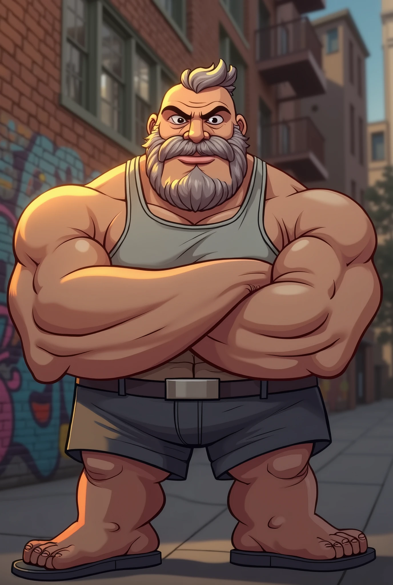 a muscular old man in park, tank top, happy, autumn, suits, vector, mwvector, bokeh, smile, (masterpiece), (best quality), 8k. huge and muscular, thick arms, short hair, white hair, hand on pocket