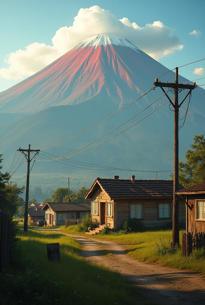 Image for an internet fiber optic advertisement which is brought to the house by smaller telephone poles, showing a house next to many with internet connection, with a landscape of Salvadoran volcanoes in the background and with all their colors but with red and white predominating, make the image look like a photograph