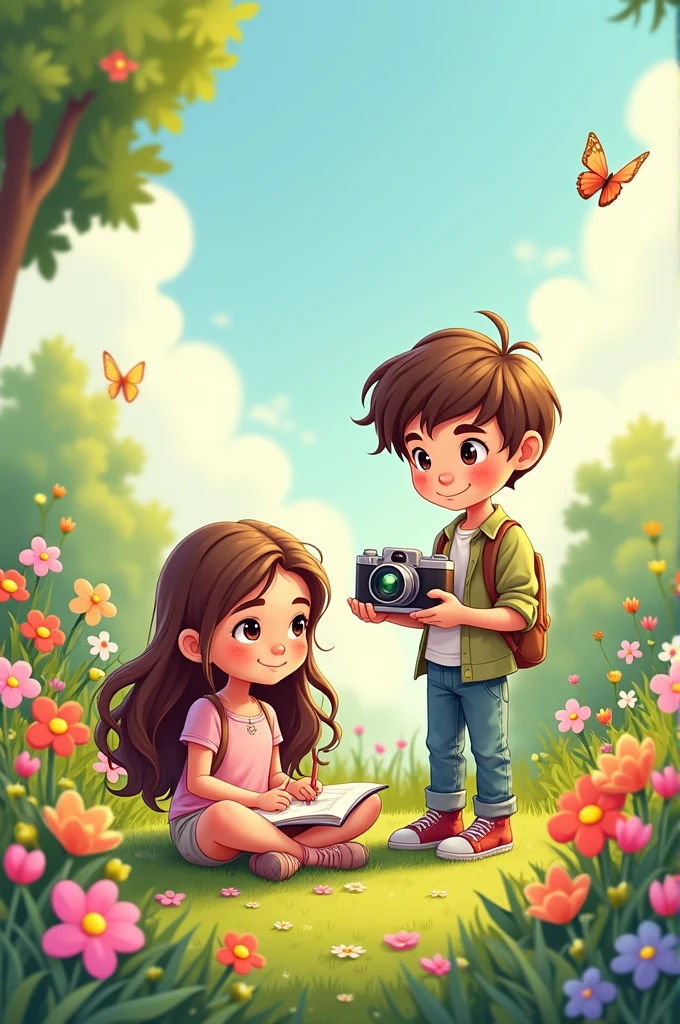 A cute long hair girl drawing art with a tall photography boy in the garden cartoon image