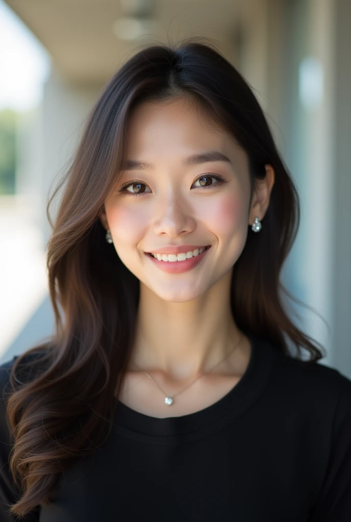 A beautiful Japanese woman who looks like she's half-Japanese、Sharp features、Big eyes、Fine, glossy hair、Collarbone-length hair、Thready hair、Brown hair color、Smooth and straight hair、Body turned slightly towards the camera with direct eye contact、Smiling Kindly、The background is simple and bright concrete.、Black round neck T-shirt、Diamond stud earrings and necklace