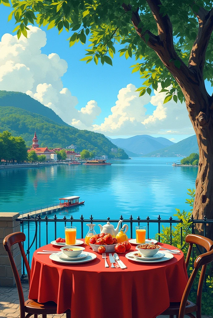 practical, Real Life, Beautiful breakfast table by the water,background:Greg Rutkowski, Laurie Greasley'style, Studio Ghibli, Pixiv Trend Fan Club, Acrylic palette knife, 4K, (Vibrant colors), (Bright color contrast), ArtStation Trends