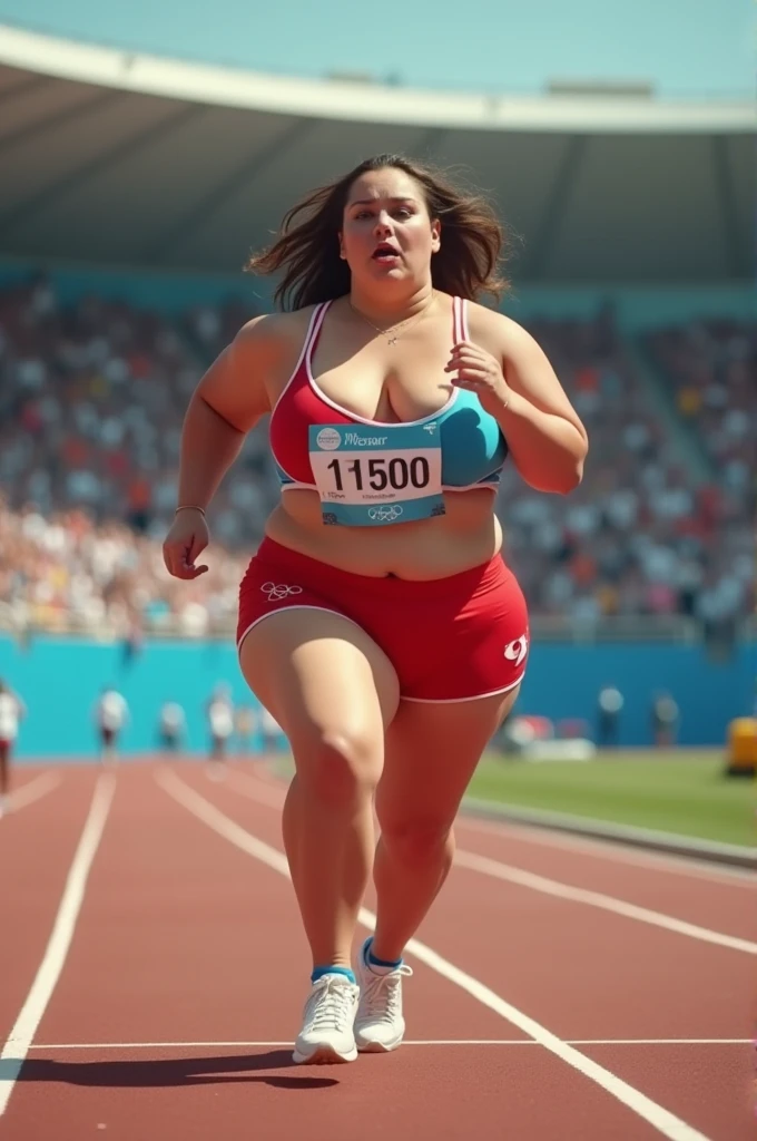 A stuffy expression, drooling, drooling,running fat Olympic athlete,swaying breasts,fat female Olympic 1500m race,with Plump breasts, super breasts, huge breasts, big breasts,a large breasts, big breasts!, thicc,alluring plus sized model, voluptuous body