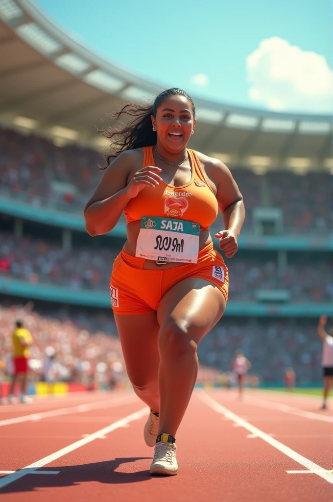 A stuffy expression, drooling, drooling,running fat Olympic athlete,swaying breasts,fat female Olympic 1500m race,with Plump breasts, super breasts, huge breasts, big breasts,a large breasts, big breasts!, thicc,alluring plus sized model, voluptuous body