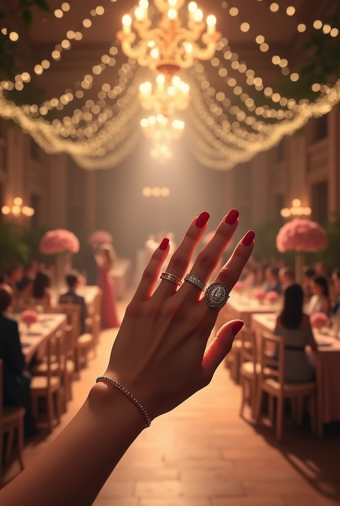 Woman's hand with 5 fingers wearing 2 rings, one ring,the scene in the wedding hall from the webtoon titled Two Status