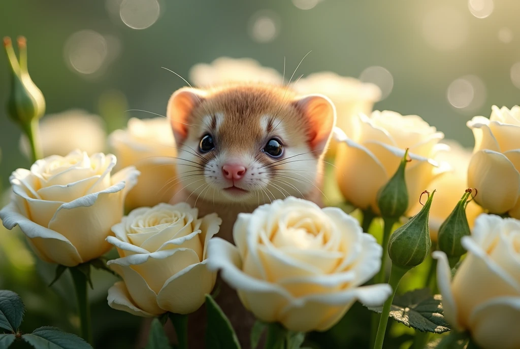 realistic photography, weasel with white Roses 