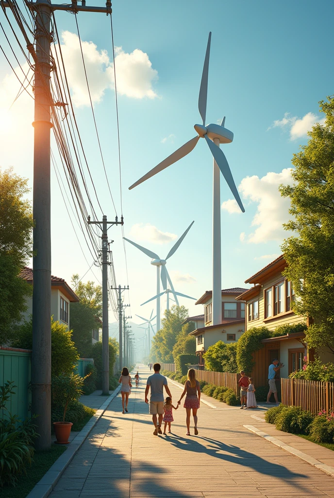 (photorealism:1.2), A design for a plan to implement wind energy in a functioning neighborhood of poles
