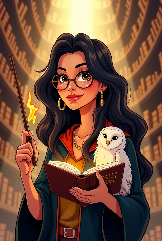 Cartoon of a woman with long wavy dark hair, dark brown eyes with black eyeliner, gold glasses, hoop earrings, grabbing a wooden wand and a flaming book with his pet, a white owl, dressed in a Hogwarts robe Harry Potter