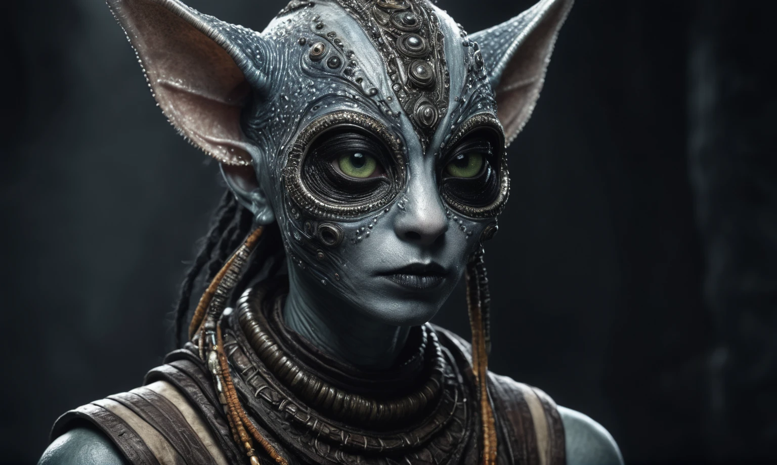 full body length shot,nerd graphite Alien Entity,native africa slave ,azctec Finnish Lapland,Cinematic,soft colors, Technicolor,natural skin textures, hyper realism, hyper detailed,Extremely detailed,High contrast,Masterpiece,Realistic,Ultra Detailed, intricate details,realistic humid leather,extremely intricate details,Epic Realistic, cinematic style, irina yermolova,high contrast,hdr,extremely detailed,day landscape,masterpiece, intricate details, eyes extremely detailed, high detailed eyes,8k resolution,retina, Nikon Z9,Korea,orc,Egypt, Pisces, transition between two art styles,full body length, Double contact, X-ray, Creative, vivid light, fantasy, Abstract, Surrealism, super detailed, high resolution,insanity national folk wear,skin almost translucent, gothic elements,Mestichino,Light particles,chaos,starfish's leather,"(The best lighting, dark, dramatic),(alien cat half-skull fetus, Hellraiser, Scars, , poison brain, , a rat inside the head, terror.),(fish eyes, calaveras