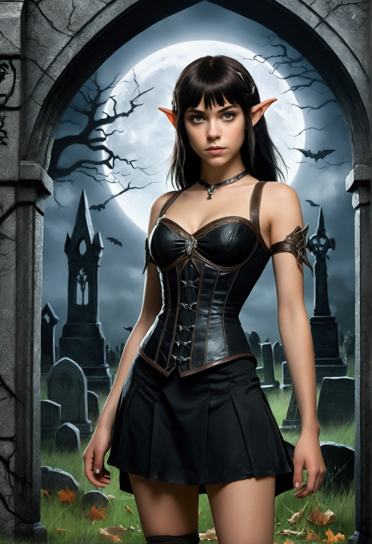 An illustrated movie poster, hand-drawn, full color, a teenage elven girl, wearing a black corset and a miniskirt, tall, toned, athletic hourglass figure, long pointy elf ears, amber eyes, dark hair, shaggy bob cut with thick bangs, deep sun-tanned skintone, freckles, standing in a spooky gothic cemetery, graphite shading, stencil marks, airbrushed acrylic paint, masterpiece, in the style of the Lord of the Rings