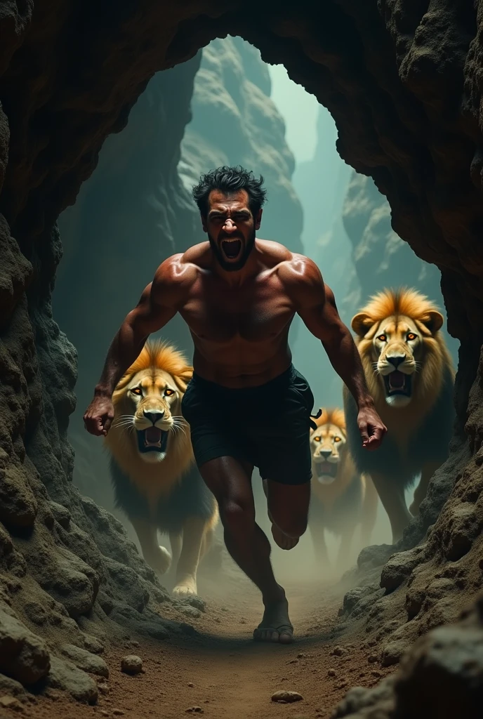 Man being thrown into a cave with lions 