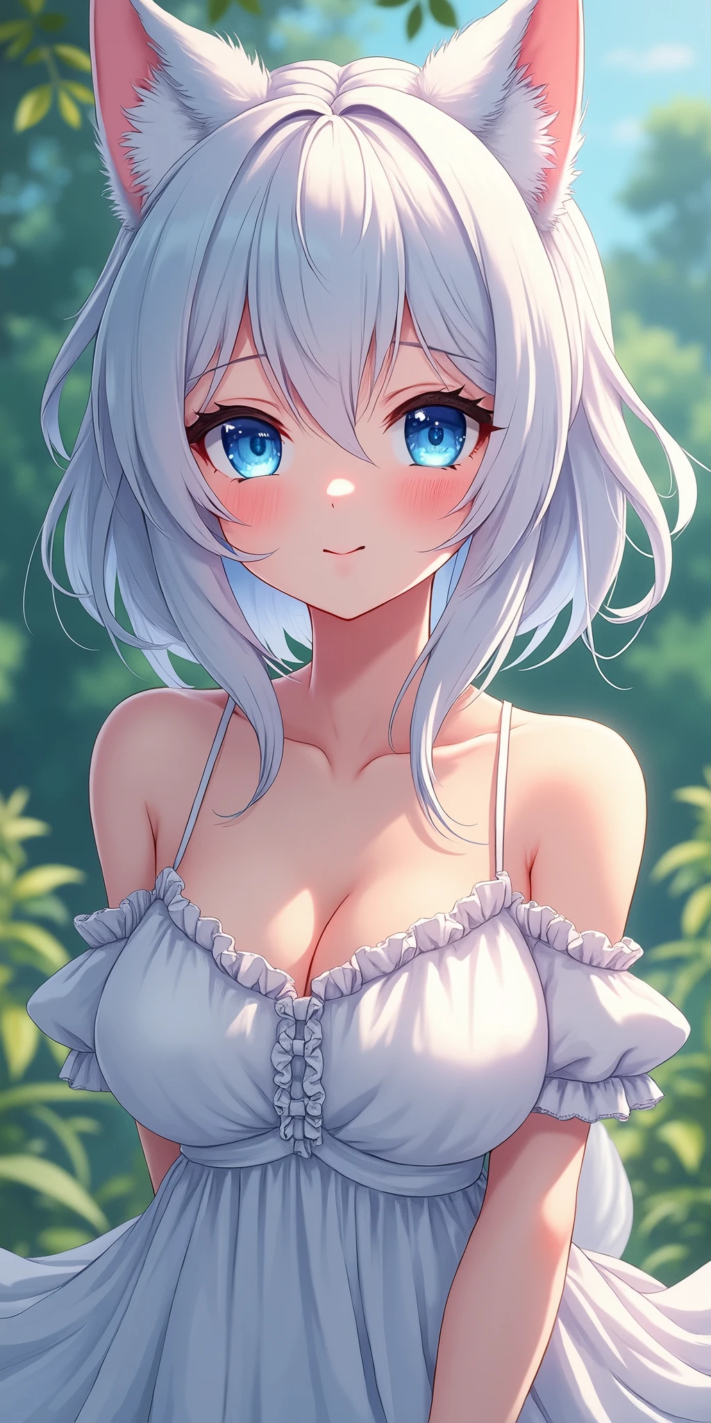 (best quality, ultra-detailed, photorealistic: 1.39), bright and vibrant colors, studio lighting, romantic expression, An effeminate Wolf-Girl, with a delicate and beautiful face. She is a girl who reflects seductive beauty, sparkling blue eyes, extremely beautiful Wolf-Girl, perfect lips in a soft smile , Wolf-Girl, fuzzy, snow-white hair, fuzzy hair,She has beautiful small breasts, beautiful white dress, dress with straps, ruffles on the dress, voluminous fabric, in the garden at home, garden, anime style, anime girl, Anime
