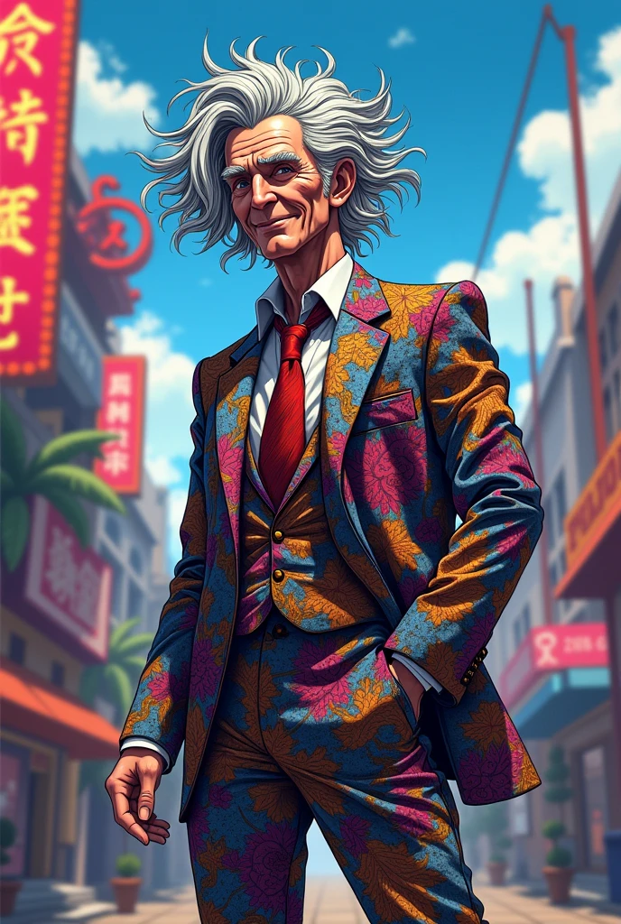 A tall man, middle-aged, with gray, unkempt hair that contrasts with your always exaggerated and colorful suit, generally bright and full of bizarre patterns. Your face wears a constant smile, with eyes that sparkle with a mix of cunning and insanity.
anime styling