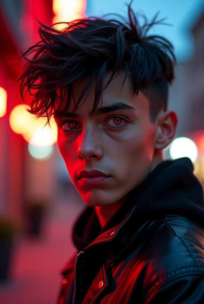 A late teenage boy with crimson eye contacts in and black hair with streaks of red