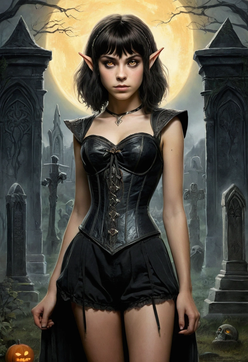 An illustrated movie poster, hand-drawn, full color, a teenage elven girl, wearing a black corset and bloomer shorts, tall, toned, athletic hourglass figure, long pointy elf ears, amber eyes, dark hair, shaggy bob cut with thick bangs, deep sun-tanned skintone, freckles, standing in a spooky gothic cemetery, graphite shading, stencil marks, airbrushed acrylic paint, masterpiece, in the style of the Lord of the Rings