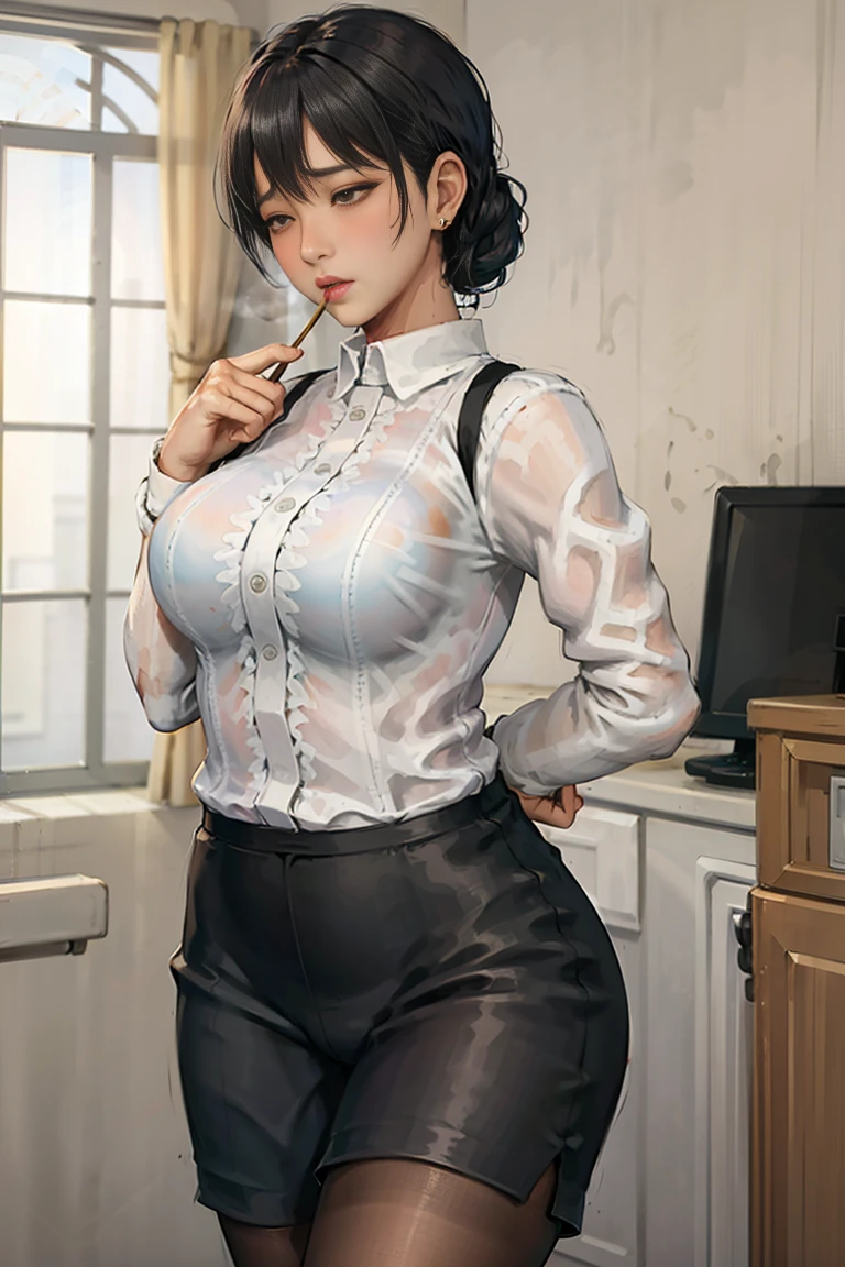 (highest quality,4K,High resolution,masterpiece:1.2),Japanese women,Cowgirl,Portraiture,Vibrant colors,Bright lighting、Bright room、slender、（Small Breasts 1:6)、Blushing、Wearing a white knit