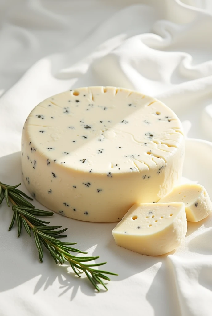 Make me a delicious cheese on a table that is pure white and a semi-hard consistency 