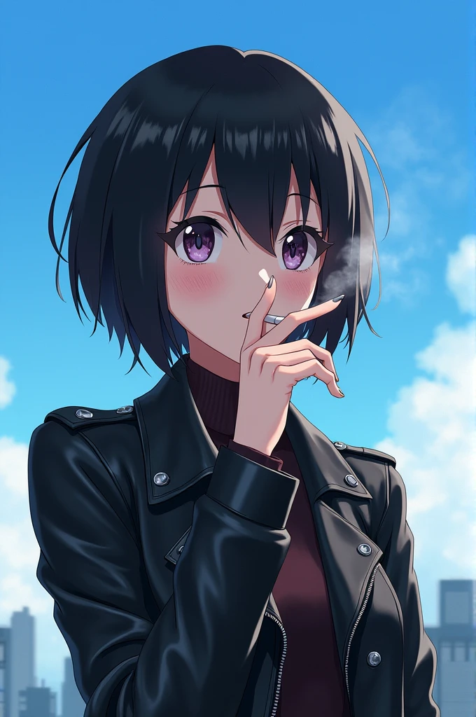 anime adult woman with short black hair wearing a leather jacket and smoking a cigarette with a blue sky as a background