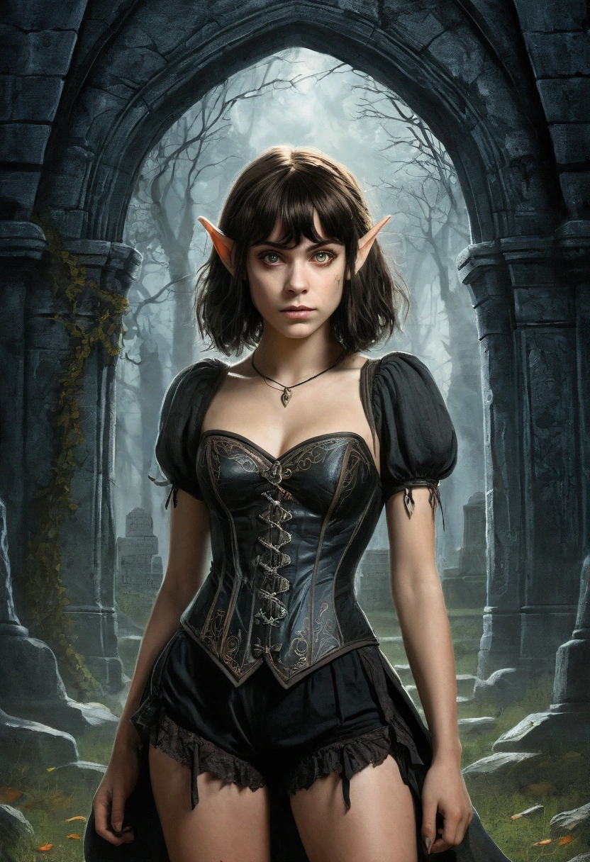 An illustrated movie poster, hand-drawn, full color, a teenage elven girl, wearing a black corset and bloomer shorts, tall, toned, athletic hourglass figure, long pointy elf ears, amber eyes, dark hair, shaggy bob cut with thick bangs, deep sun-tanned skintone, freckles, standing in a spooky gothic cemetery, graphite shading, stencil marks, airbrushed acrylic paint, masterpiece, in the style of the Lord of the Rings
