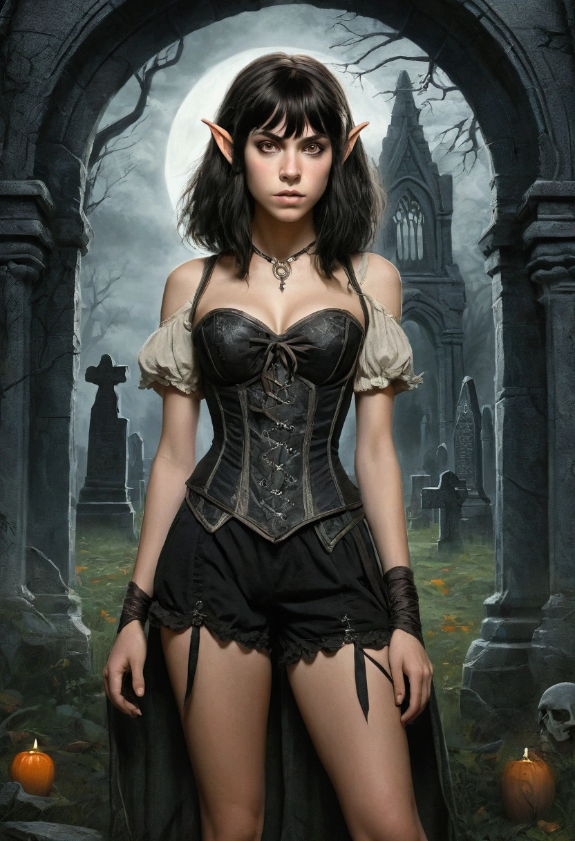 An illustrated movie poster, hand-drawn, full color, a teenage elven girl, wearing a black corset and bloomer shorts, tall, toned, athletic hourglass figure, long pointy elf ears, amber eyes, dark hair, shaggy bob cut with thick bangs, deep sun-tanned skintone, freckles, standing in a spooky gothic cemetery, graphite shading, stencil marks, airbrushed acrylic paint, masterpiece, in the style of the Lord of the Rings