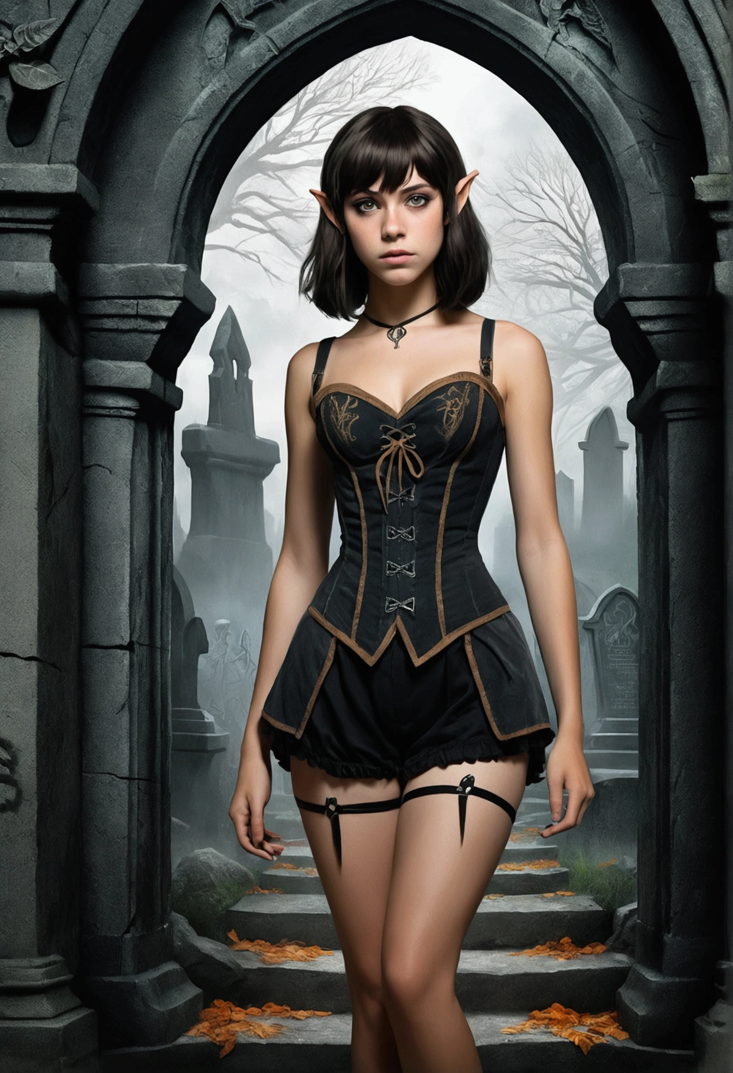 An illustrated movie poster, hand-drawn, full color, a teenage elven girl, wearing a black corset and bloomer shorts, tall, toned, athletic hourglass figure, long pointy elf ears, amber eyes, dark hair, shaggy bob cut with thick bangs, deep sun-tanned skintone, freckles, standing in a spooky gothic cemetery, graphite shading, stencil marks, airbrushed acrylic paint, masterpiece, in the style of the Lord of the Rings