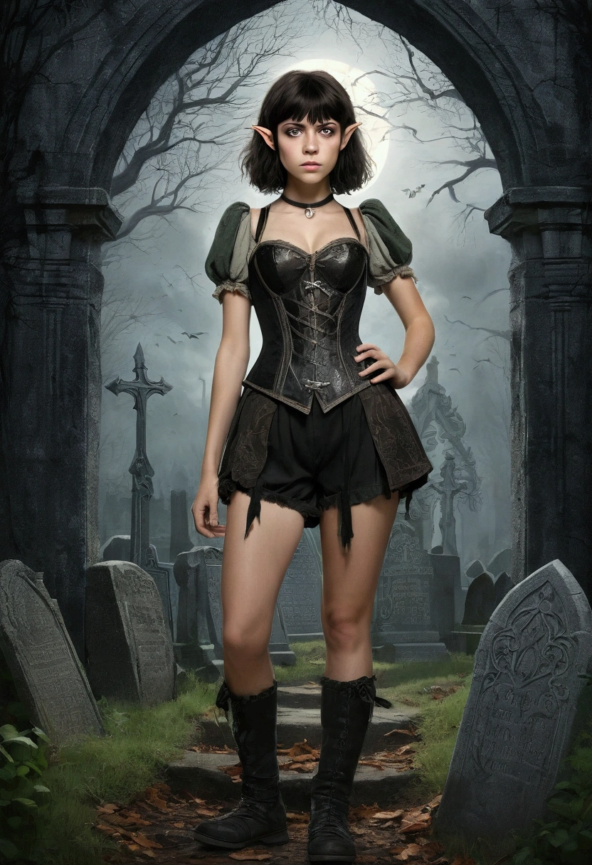 An illustrated movie poster, hand-drawn, full color, a age elven girl, wearing a black corset and bloomer shorts, tall, toned, athletic hourglass figure, long pointy elf ears, amber eyes, dark hair, shaggy bob cut with thick bangs, deep sun-tanned skintone, freckles, standing in a spooky gothic cemetery, graphite shading, stencil marks, airbrushed acrylic paint, masterpiece, in the style of the Lord of the Rings