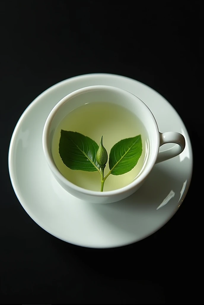 The camera looks down from directly above, focusing on a white porcelain teacup containing a single bud and two leaves of Chinese mountain tea.,((Right beneath the surface, You can see a single bud and two leaves of Chinese high mountain dry tea, which has been dried and then moistened, floating in the water.)),simple,Movie Lighting,专业photography,Studio Lighting,Black desktop background,photography,Intricate details,Ultra Detail,Hyper-photorealism,8K Ultra HD top view,Top view, bird's eye view
