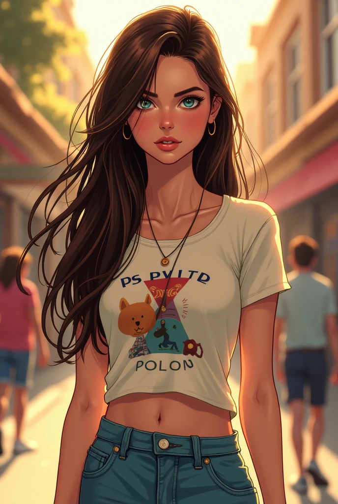 hairs: hairs lisos, Castanhos escuros, with highlights that catch a little shine in the sun. The hair length is long.
eyeballs: blue-green, with a soft, natural glow. They are expressive, reflecting an ongoing curiosity and a sense of empathy.
Skinned: Clara has clear and even skin, with a tone that enhances your eyes and hair. Your skin is a little pale, but with a healthy look.
muka: Her face is oval, with subtle cheekbones and a delicate nose. His lips are medium in size, frequently displaying a serious and observant expression.
Clothing: 2000s