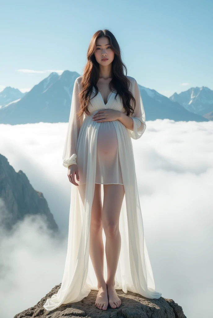 (Masterpiece), Perfect, side view of a brown hair pregnant nude woman in white transparent dress, look at viewer, beautiful face, the iris of her eyes are equally proportional in size and equally illuminated by light, she have elegant hairstyle, normal legs, sharpness in the photo, focus on the face and eyes of this woman, she standing among thick white clouds and mountain peaks visible from the clouds panorama and background